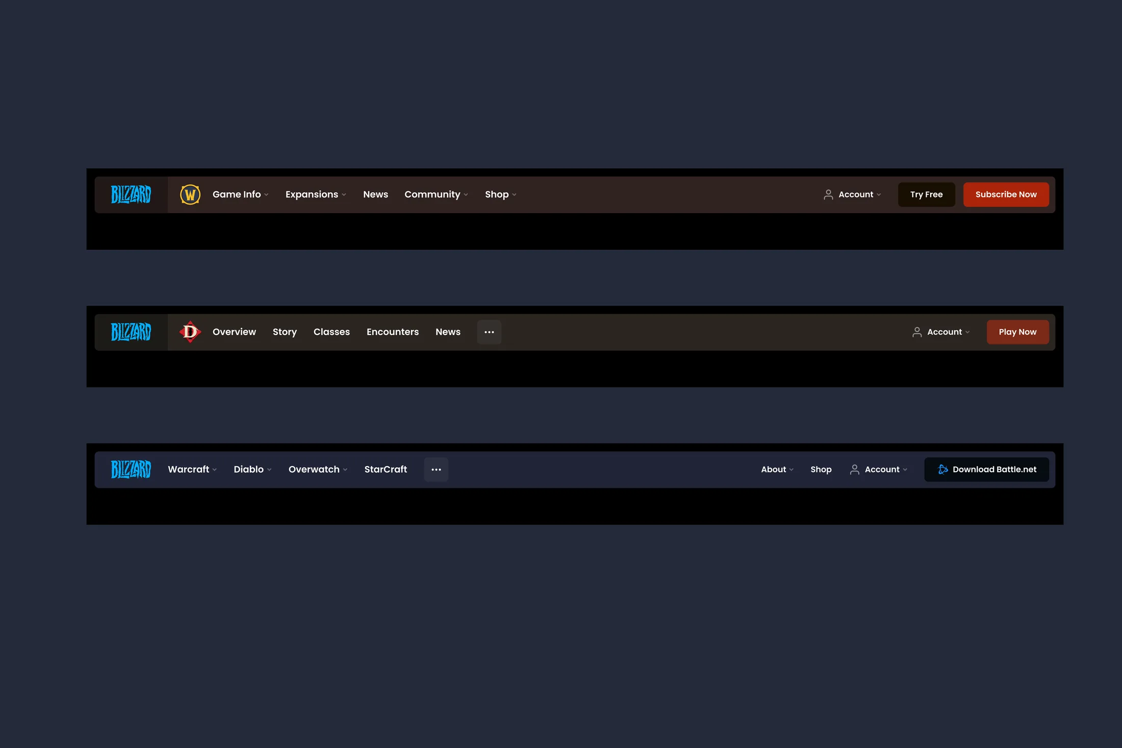 Themed navigation bars for World of Warcraft, Diablo, and the Blizzard franchise hub